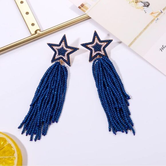 Yellow Gold and Blue White Beaded Star Tassel Fringe Dangling Boho Post Earrings - Picture 4 of 7